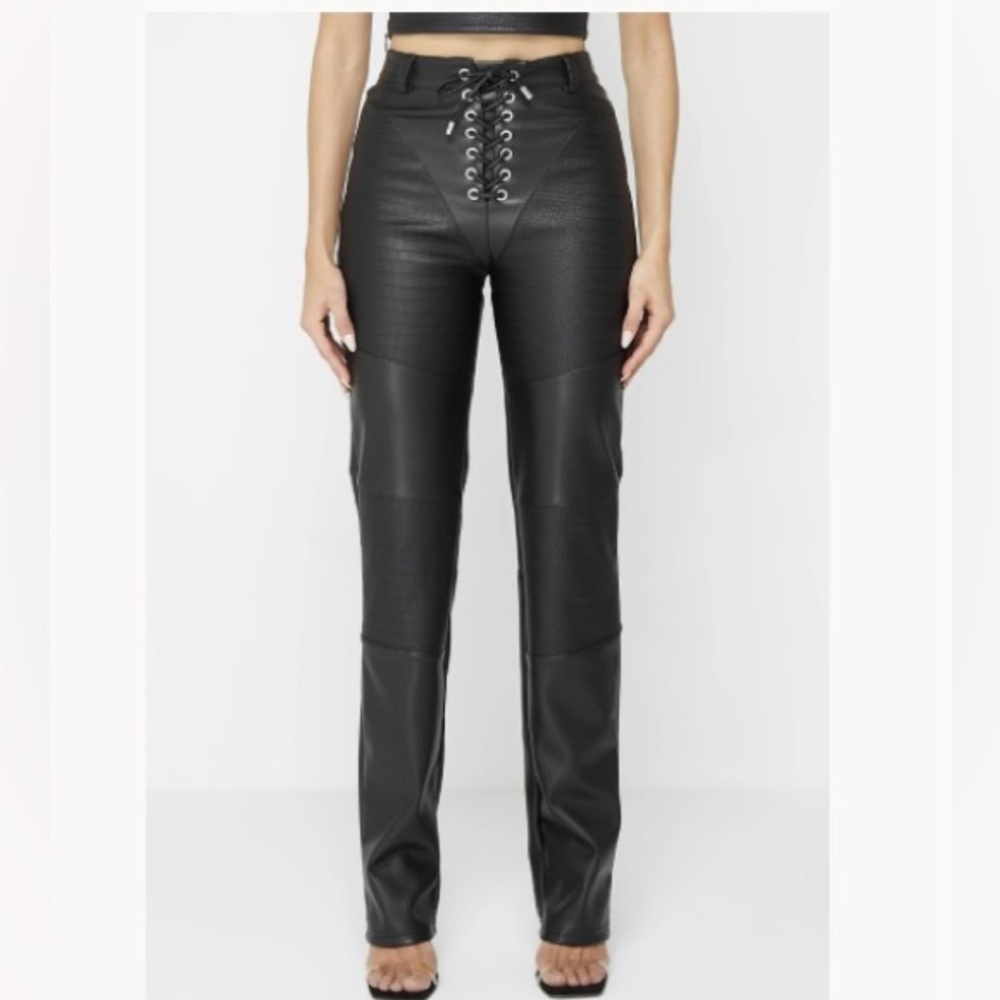 Black Lace-Up Leather Pants